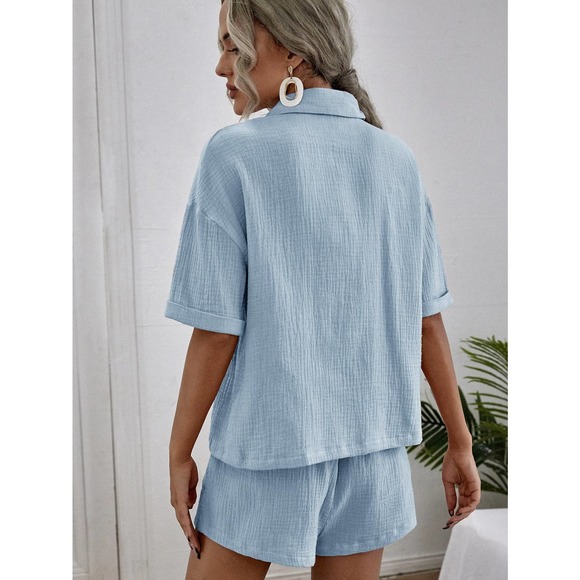 2 piece set: Breast Pocket Button Down Shirt & high waist Shorts coords tan - Picture 12 of 14